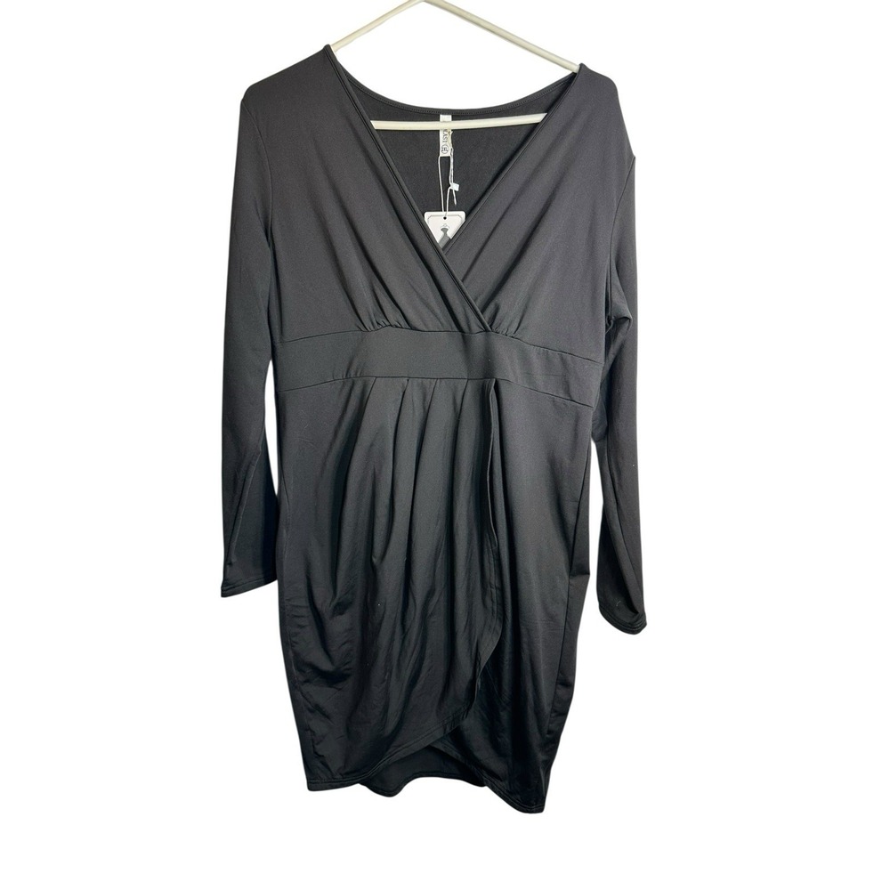 laolasi womens plus‎ size black long sleeve short dress v neck plus size 2XL XXL
